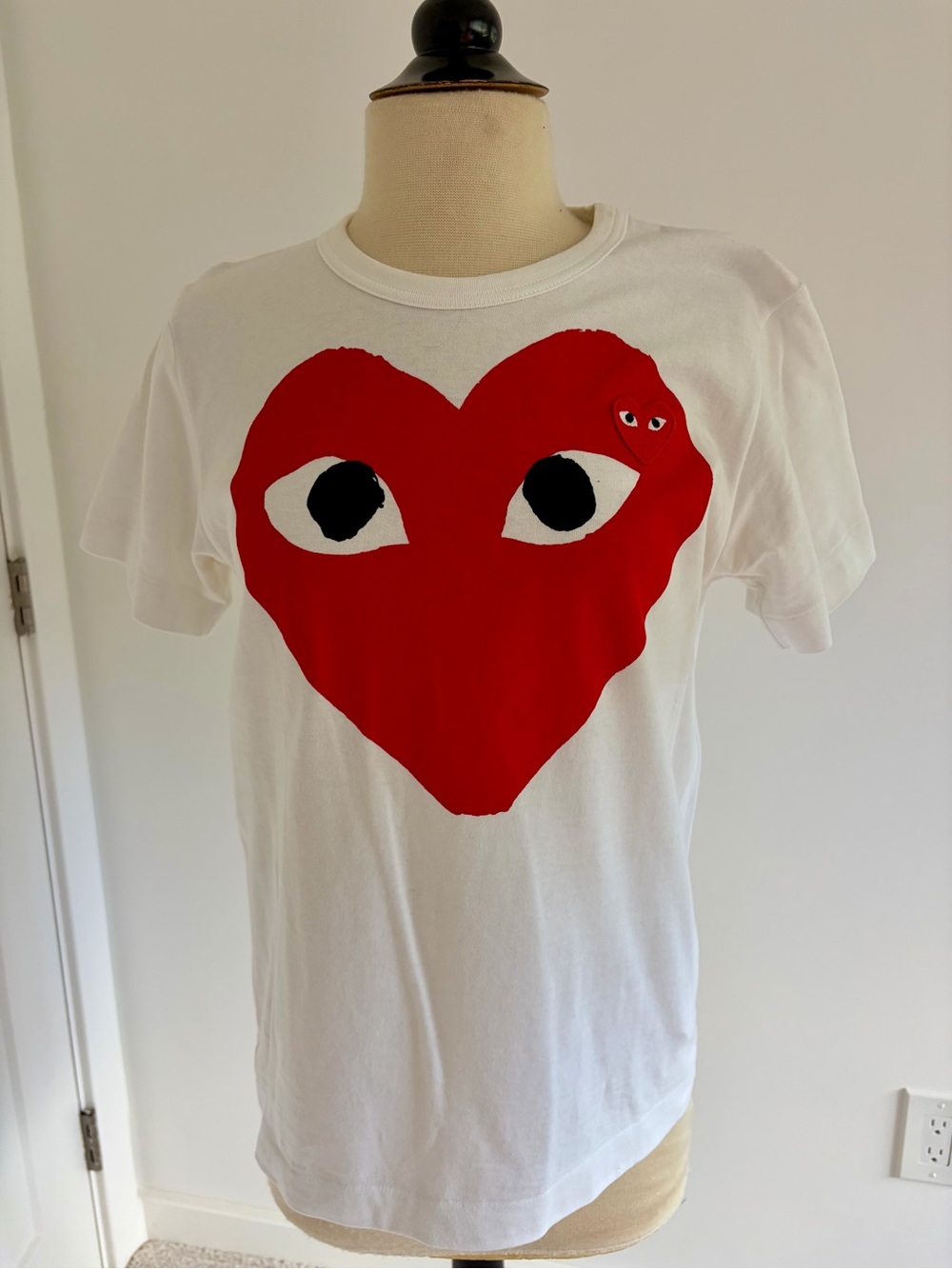 Comme des Garcons White Tee with Red Heart Logo- Large